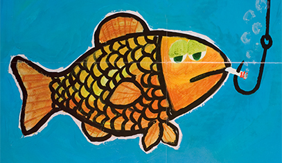 An illustrated goldfish smokes a cigarette with a hook stuck through it