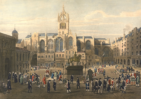 Painting titled The Parliament Close [Edinburgh] by John Le Conte after David Wilkie, 1844.
