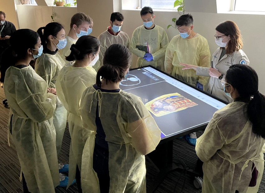 Medical students interacting with a large table-top touchscreen learning device