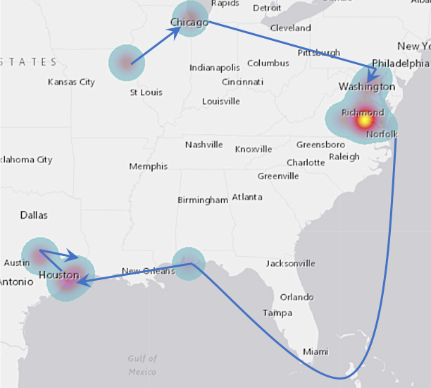 Heatmap indicating the movements of the 29th Infantry