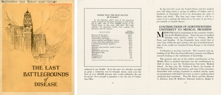 A composite image showing the cover and interior spread of a 1923 fundraising pamphlet. The yellow cover features a sketch of the medical school tower and the title 'The Last Battlegrounds of Disease.' The interior pages display a statistical table listing causes of death in 1920 (such as heart disease and pneumonia) alongside text detailing 'Contributions of Northwestern University to Medical Progress.'