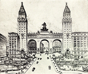 A bridge extending Michigan Avenue across the Chicago River had long been proposed by city planners as a way to further develop the area north of the river and connect it to the city’s business center. This circa 1918 rendering, looking north across the river, shows one of the more grandiose proposals for the “most important link between the downtown ‘loop’ section and the foremost residential district of Chicago.”  Source: Chicago’s Reconstruction Plan (Chicago: Frank J. Campbell, 1919), 93. Drawing by A. N. Rebori.