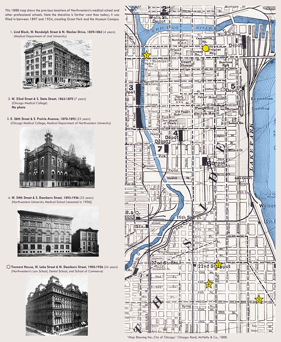 map showing previous locations of the medical school, alongside pictures of the buildings