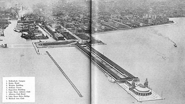 MacChesney used his connections to keep Northwestern’s option on the land through the duration of World War I. He used those same connections with the area’s wealthy residents to raise enough money to finally purchase nine acres in June 1920, seen as an empty lot (1) in the above photo from 1924, one year before groundbreaking.  Source: Northwestern University Alumni News 4, no. 1 (November 1924).