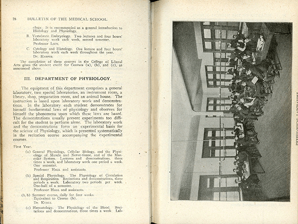The announcement for the medical school’s 1907-08 school year (above) describes the many facilities available to students, including in the Department of Physiology. Images below are from 1901 and 1906 announcements.  Source: Quarterly Bulletin of Northwestern University Medical School 9, no. 1 (June 1907); 3, no. 1(June 1901); 8, no. 1 (June 1906).