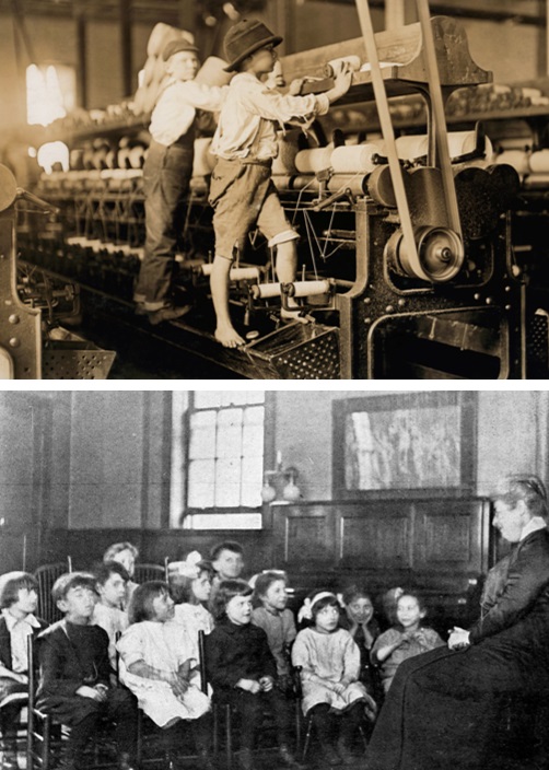 boys working in a Georgia textile mill in 1909 above a photo of children in a music class at Hull House in 1921