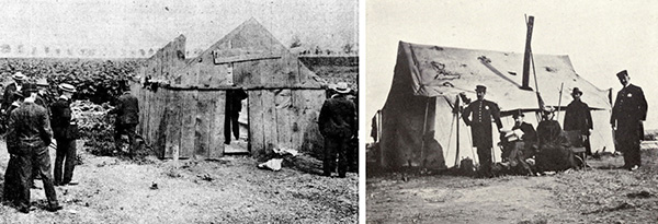 Police attempted to evict Streeter from the land numerous times, including in 1902, as seen in these photos. (Above left) Police destroy the shack where Streeter lived. (Above right) Streeter (seated with top hat) sits with his wife outside of the tent he used during these eviction battles.