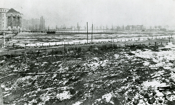View of the future Chicago Campus, looking north from Superior Street east of Fairbanks Court, was taken at the time of purchase in 1920. The National Guard armory in the upper left was demolished in 1993 to make way for the Museum of Contemporary Art.  Source: Print mockup for Arey, Leslie B. Northwestern University Medical School, 1859-1979: A Pioneer in Educational Reform. Evanston, IL: Northwestern University, 1979.