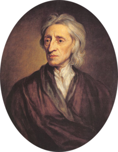 An oval-framed oil painting of philosopher John Locke, depicted wearing a dark brown robe over a white shirt with a loose collar. 