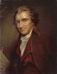 An oil painting of Thomas Paine wearing a dark reddish-brown coat with a decorative trim over a white cravat and shirt