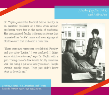 A black-and-white photo shows two individuals seated at a desk in an office setting, with bookshelves and a computer in the background. The image is overlaid on a colorful geometric design with text. At the top right, in white and teal font on a blue rectangle, it reads: “Linda Teplin, PhD with Robbin Pott.” To the left, the main text says: “Dr. Teplin joined the Medical School faculty as an assistant professor at a time when women professors were few in the ranks of academia. She encountered faculty information forms that requested her ‘wife’s’ name and even signage at Northwestern that indicated a clear bias. ‘There were two restrooms: one labeled “Faculty” and the other “Ladies.” I was confused. I didn’t know which one to use,’ says Dr. Teplin with a grin. ‘Being one of a few female faculty members was like being a pet at a family reunion. People weren’t exactly mean. They just didn’t know what to do with me.’”